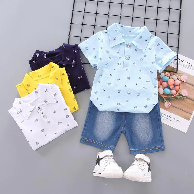 2 Piece Toddler Boys Crown Print Polo and Denim Shorts