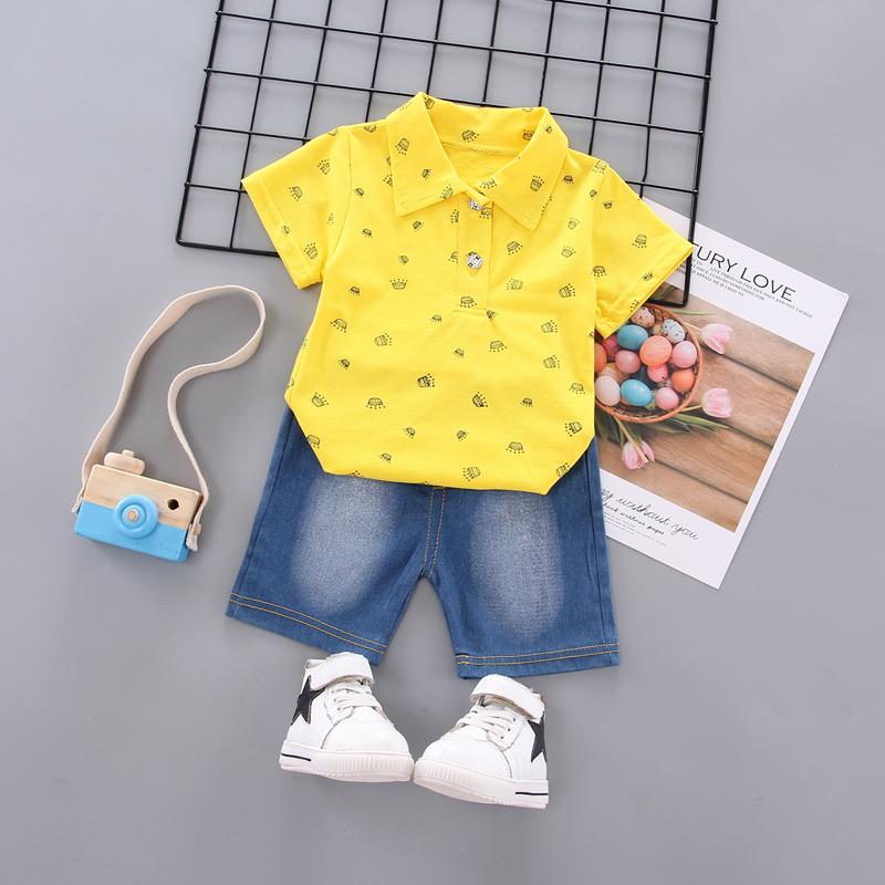 2 Piece Toddler Boys Crown Print Polo and Denim Shorts