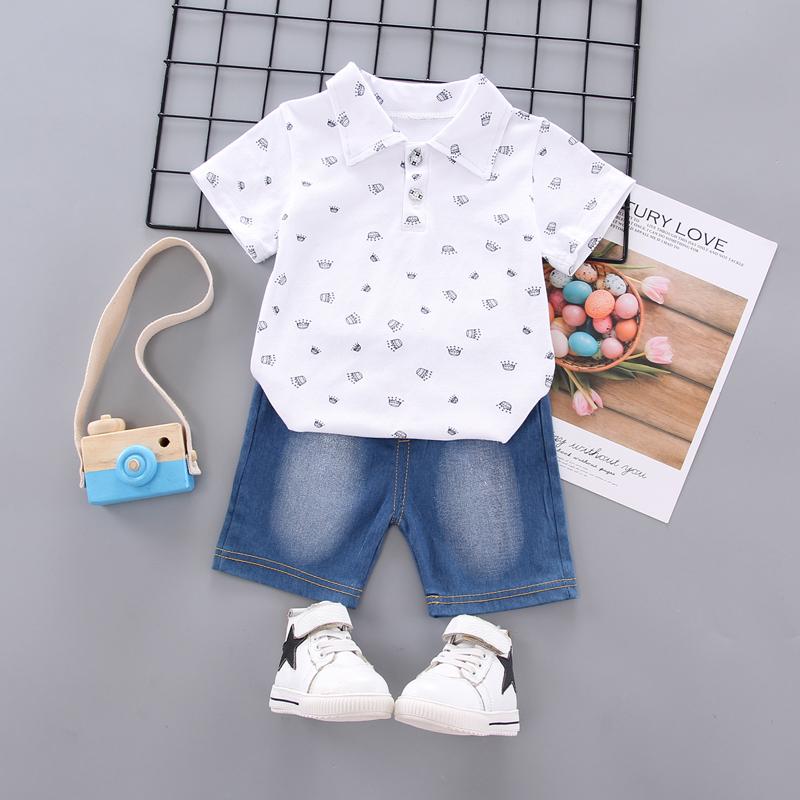 2 Piece Toddler Boys Crown Print Polo and Denim Shorts