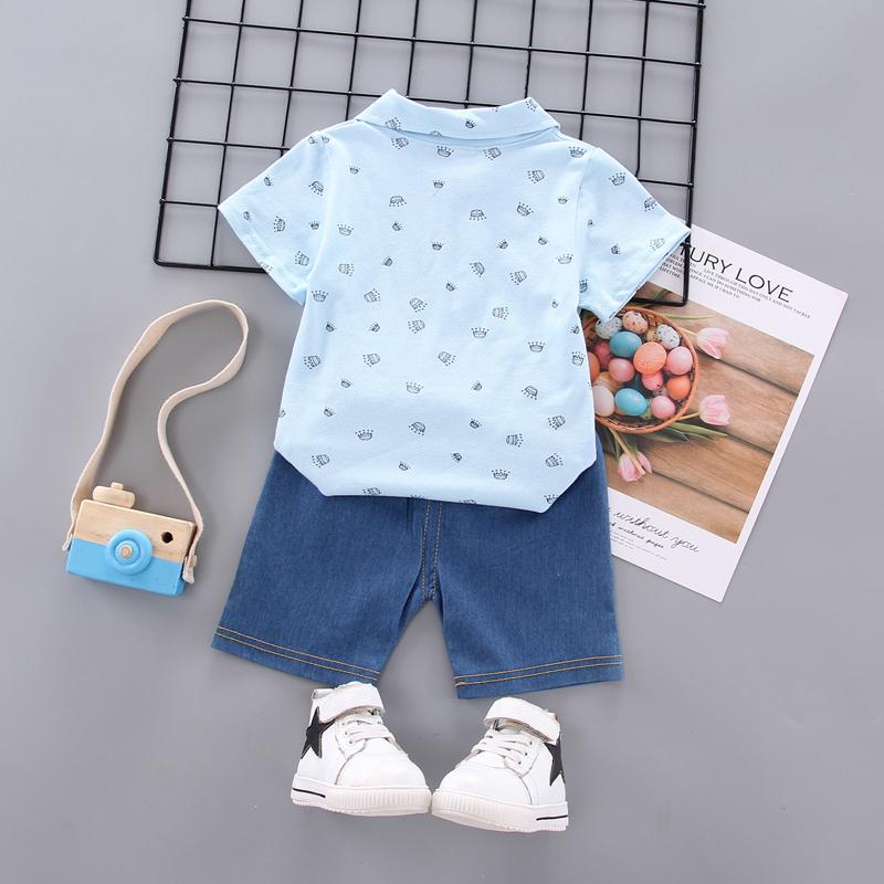 2 Piece Toddler Boys Crown Print Polo and Denim Shorts