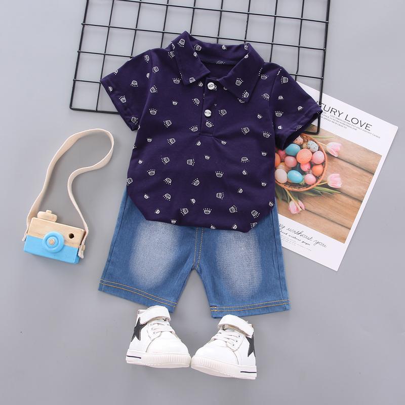 2 Piece Toddler Boys Crown Print Polo and Denim Shorts