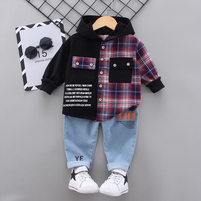 2 Piece Toddler Boys Plaid Hoodie and Jeans