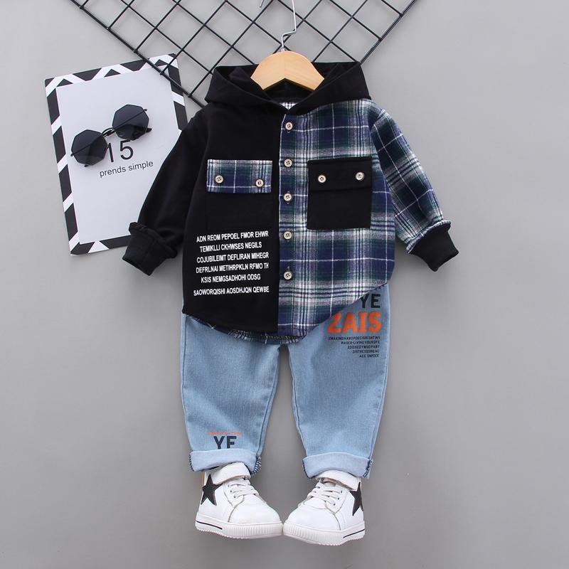 2 Piece Toddler Boys Plaid Hoodie and Jeans