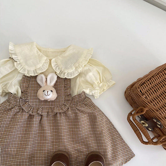 2 Pieces Baby Girl Solid Color Top and Checkered Dress