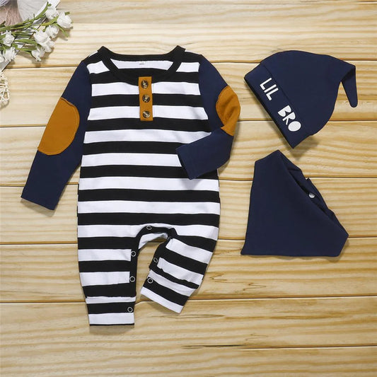 3 Piece Baby Boys Striped Long Sleeve Romper and Cap and Bib