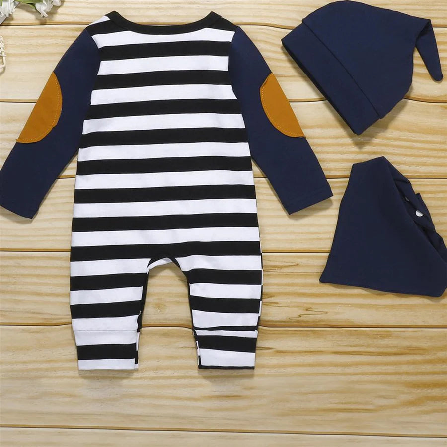 3 Piece Baby Boys Striped Long Sleeve Romper and Cap and Bib