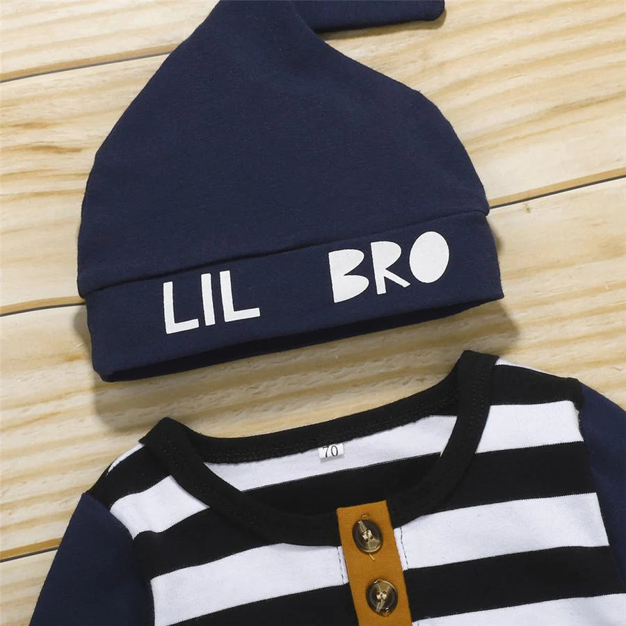 3 Piece Baby Boys Striped Long Sleeve Romper and Cap and Bib