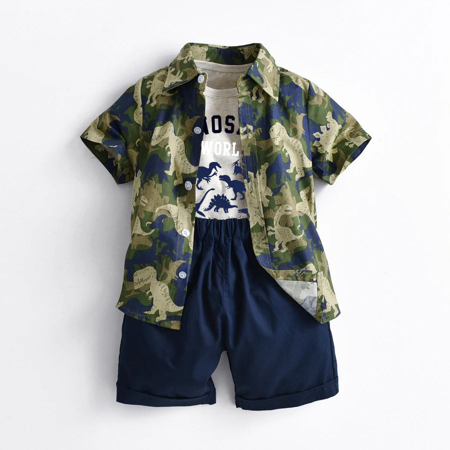 3 Piece Toddler Boys Dinosaur Print Button Shirt T-Shirt and Shorts Set