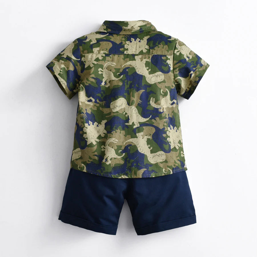 3 Piece Toddler Boys Dinosaur Print Button Shirt T-Shirt and Shorts Set