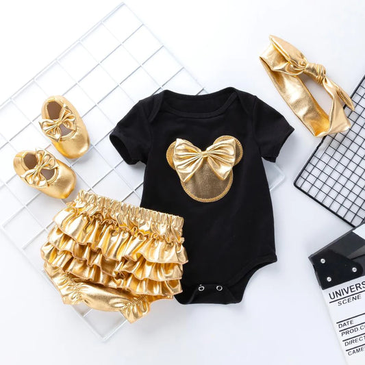 4 Piece Baby Girls Bow Romper PP Shorts Shoes and Headband Gold Set