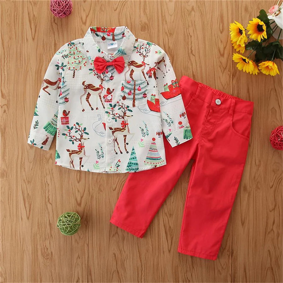 Baby-Toddler Boys Christmas Long Sleeve Lapel Shirts and Red Pants