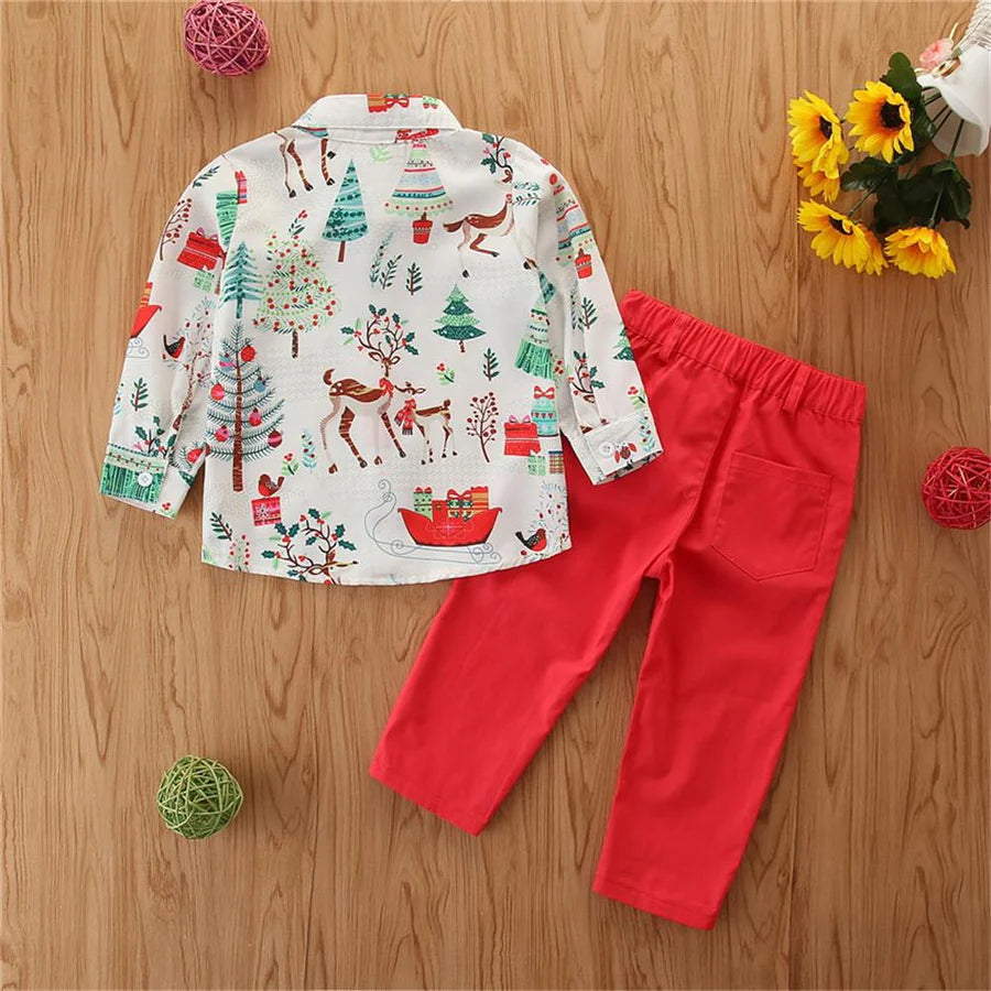 Baby-Toddler Boys Christmas Long Sleeve Lapel Shirts and Red Pants