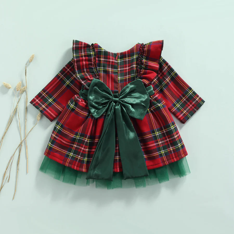 Baby-Toddler Girls Christmas Long-Sleeve Paid Large Bow Mesh Dress