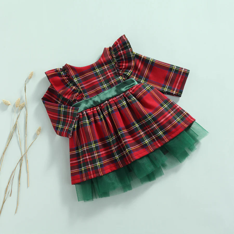 Baby-Toddler Girls Christmas Long-Sleeve Paid Large Bow Mesh Dress