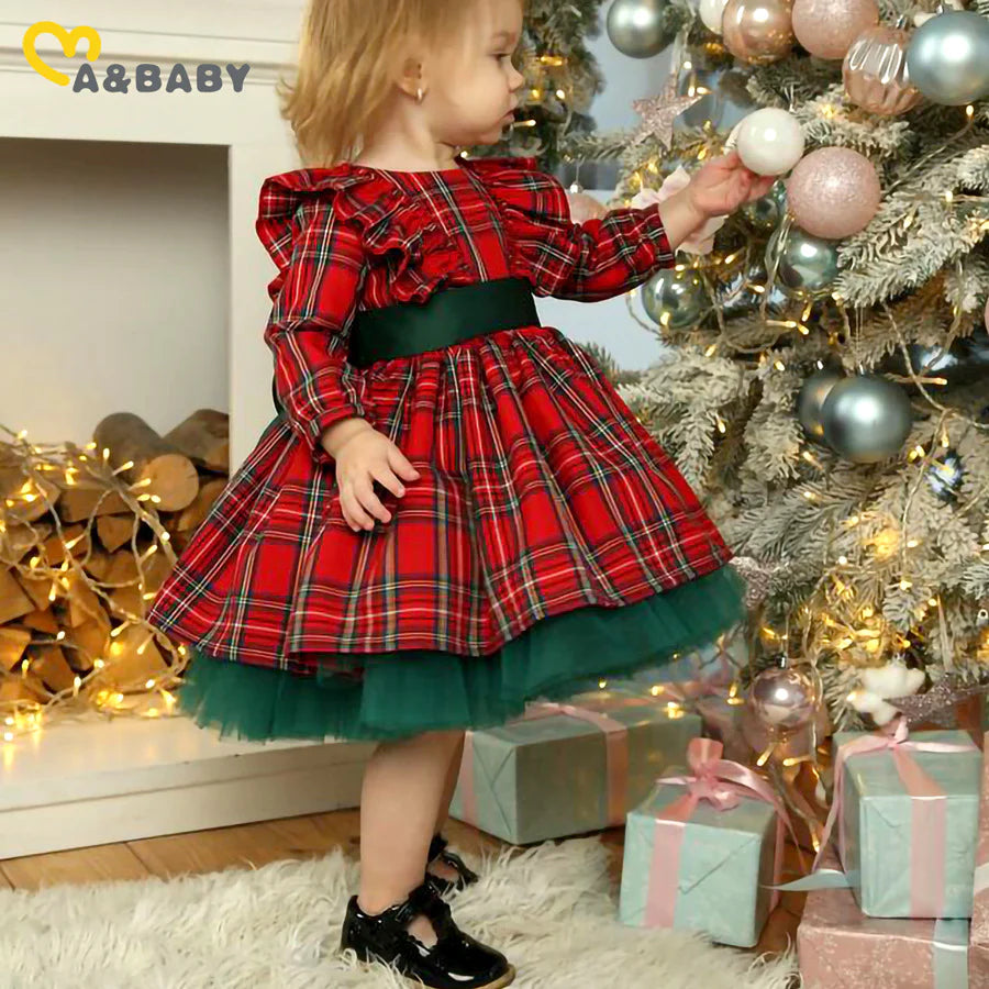 Baby-Toddler Girls Christmas Long-Sleeve Paid Large Bow Mesh Dress