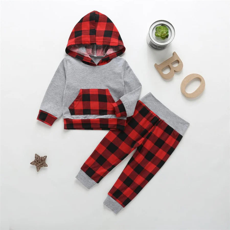 Baby Boys Long Sleeve Plaid Hoodie and Pants Suit