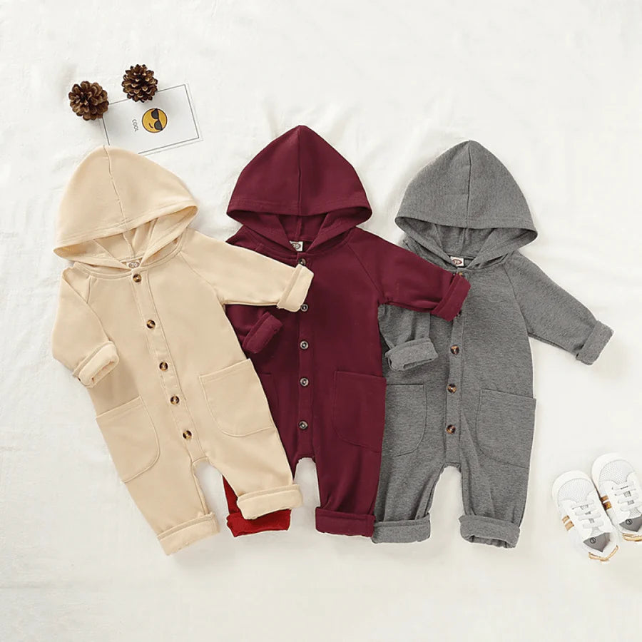 Baby Boys Long Sleeve Solid Hooded Casual Romper