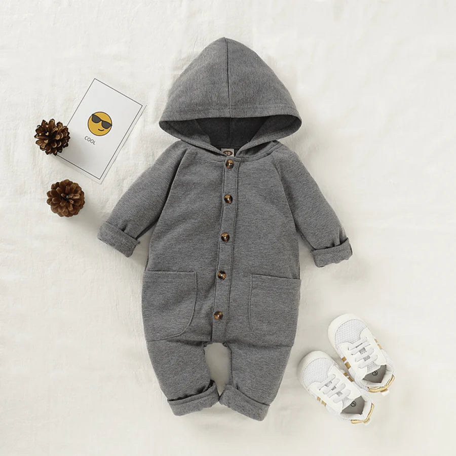 Baby Boys Long Sleeve Solid Hooded Casual Romper