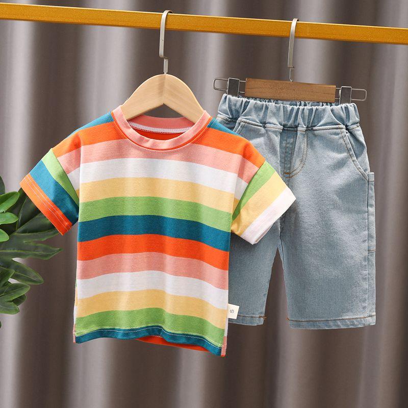 Baby Boys Multicolor Stripes Shirt and Denim Style Shorts