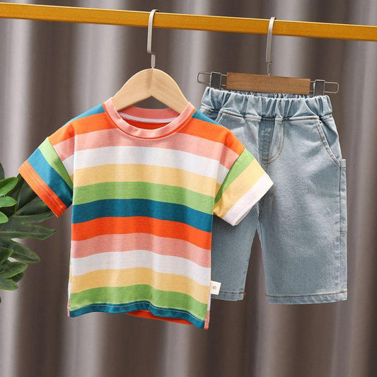 Baby Boys Multicolor Stripes Shirt and Denim Style Shorts