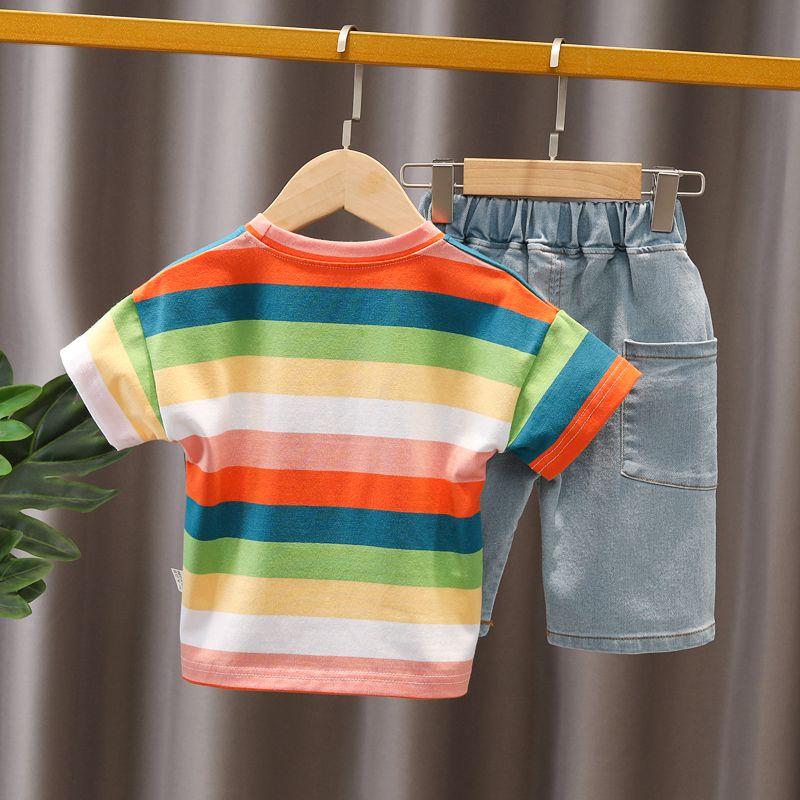 Baby Boys Multicolor Stripes Shirt and Denim Style Shorts