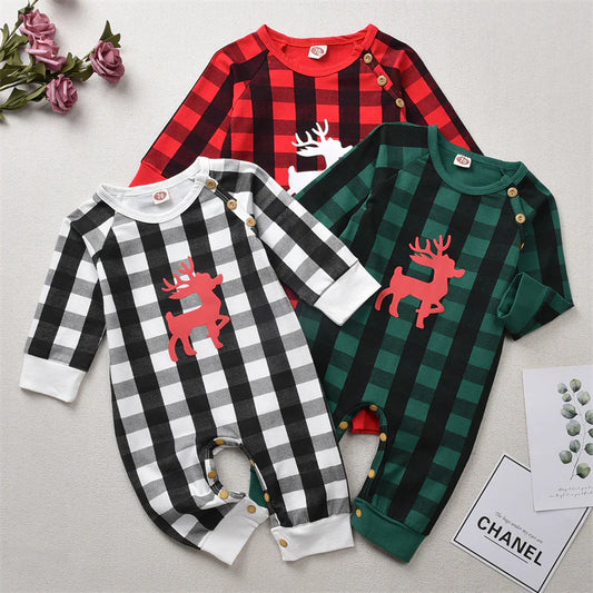 Baby Boys Plaid Print Deer Christmas Long-Sleeved Jumpsuit