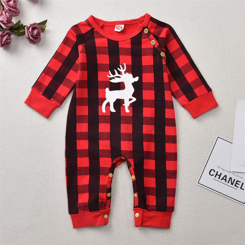 Baby Boys Plaid Print Deer Christmas Long-Sleeved Jumpsuit