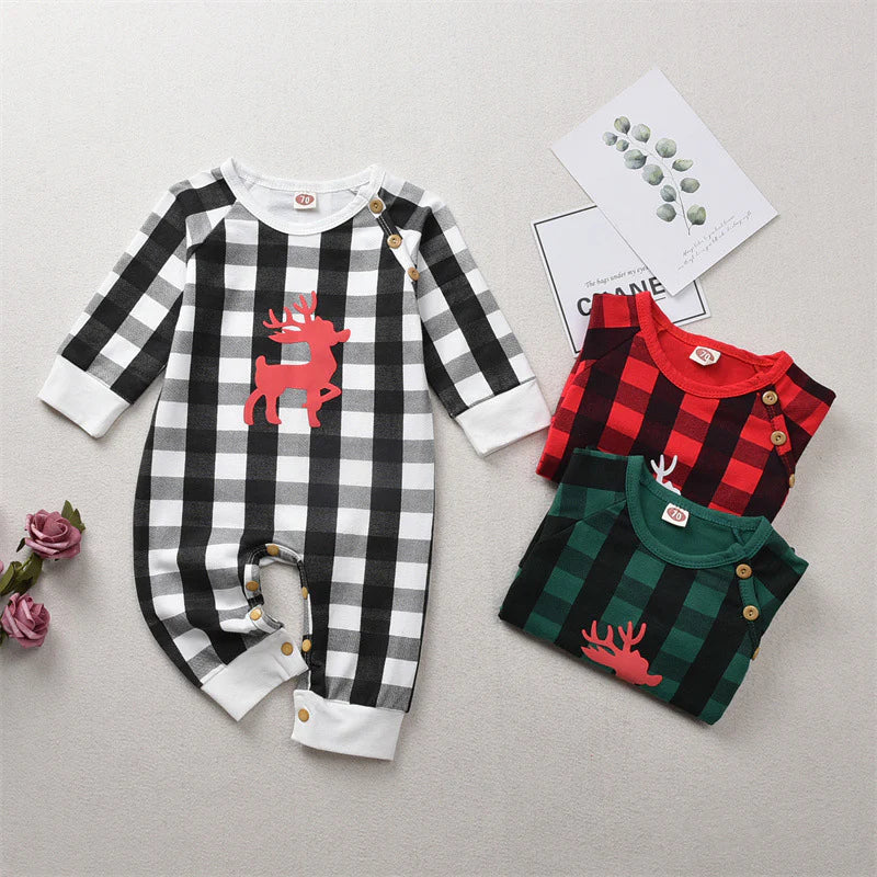 Baby Boys Plaid Print Deer Christmas Long-Sleeved Jumpsuit