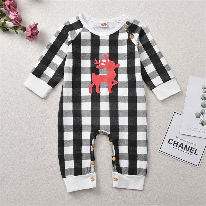 Baby Boys Plaid Print Deer Christmas Long-Sleeved Jumpsuit