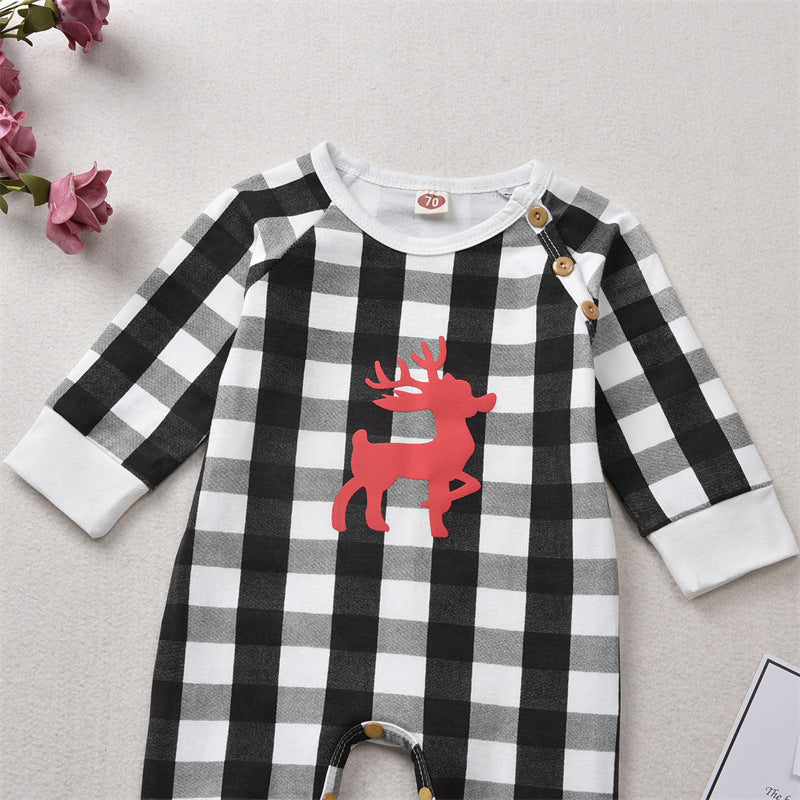 Baby Boys Plaid Print Deer Christmas Long-Sleeved Jumpsuit