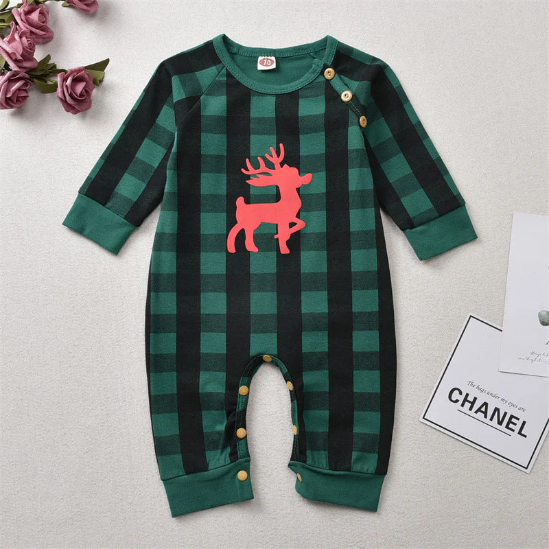 Baby Boys Plaid Print Deer Christmas Long-Sleeved Jumpsuit