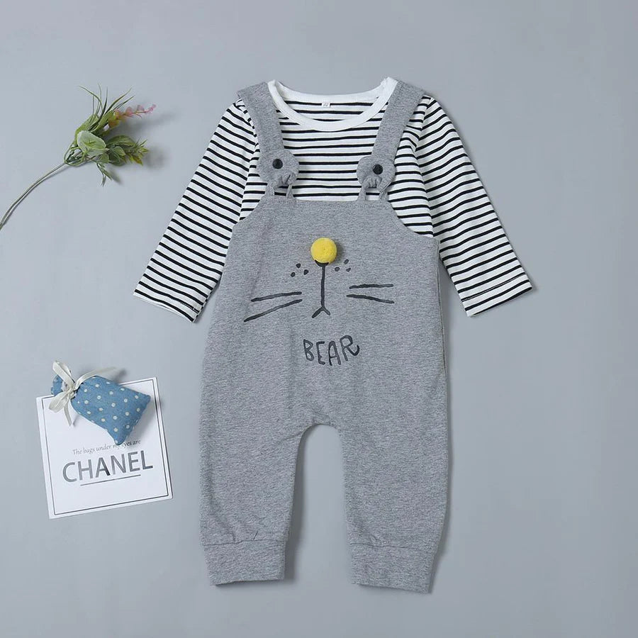 Baby Boys Printed Bear Face Striped Long Sleeve Romper