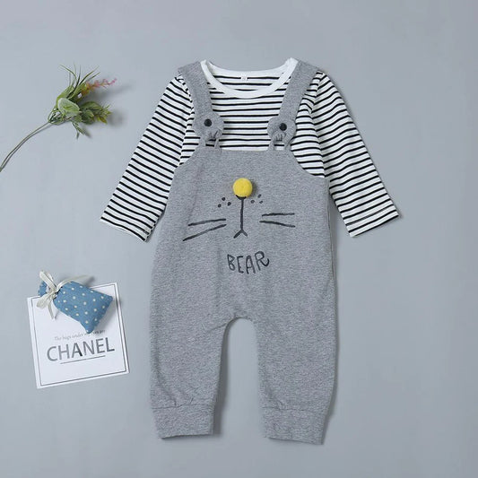 Baby Boys Printed Bear Face Striped Long Sleeve Romper