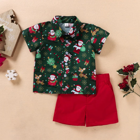 Baby Boys Short Sleeve Christmas Printed Shirt and Shorts