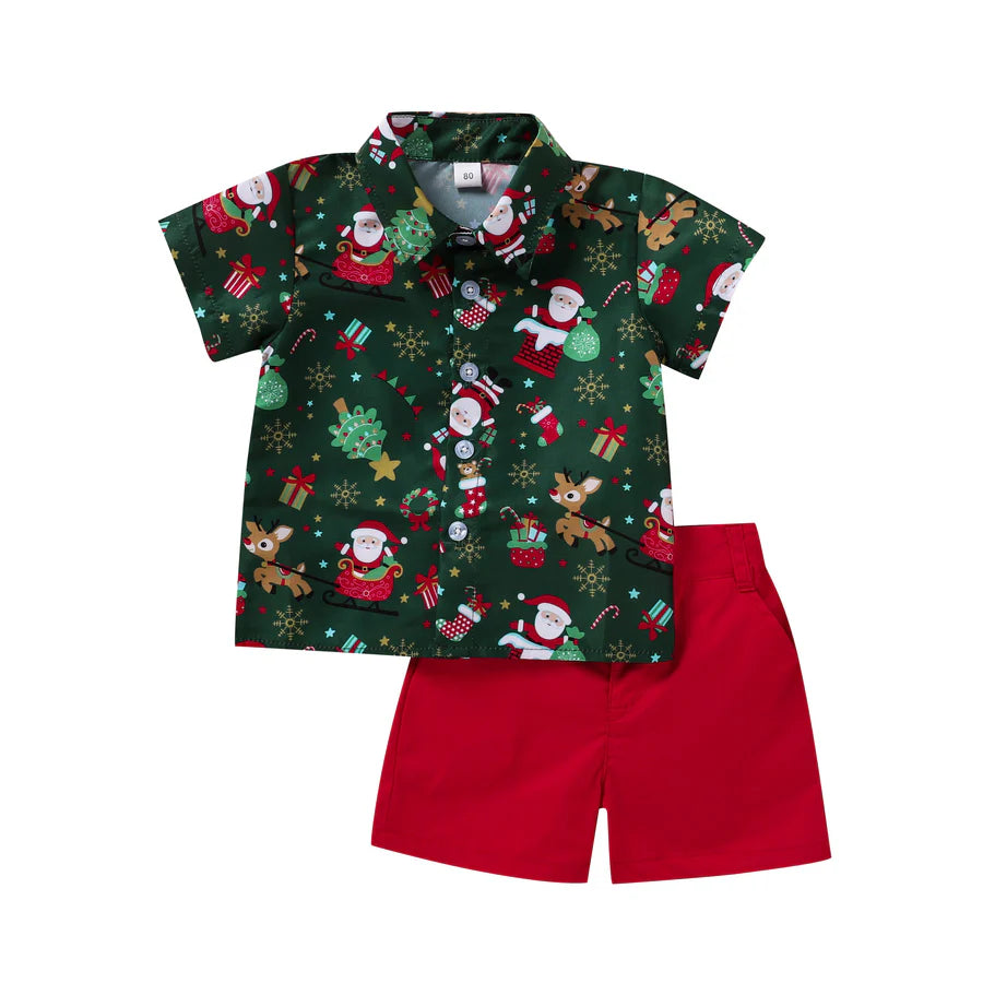 Baby Boys Short Sleeve Christmas Printed Shirt and Shorts