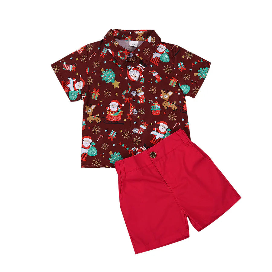 Baby Boys Short Sleeve Christmas Printed Shirt and Shorts