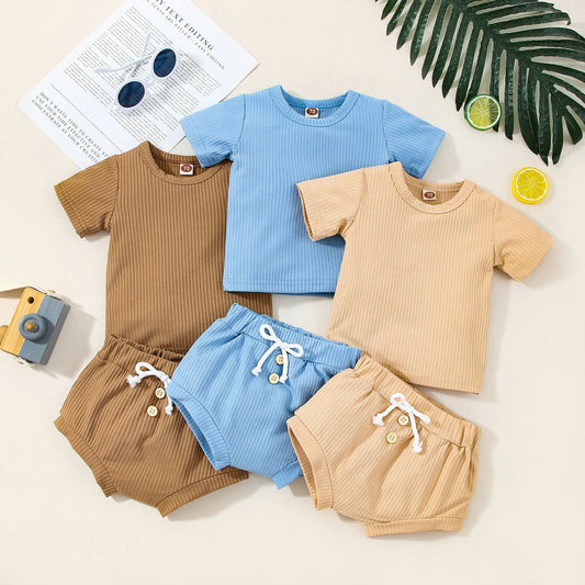 Baby Boys Solid Knitted Round Neck Shirt and Shorts