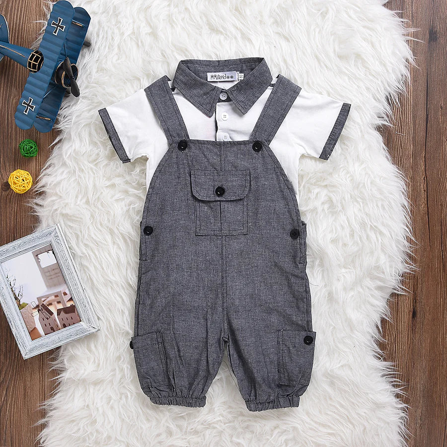 Baby Boys Solid Polo Collar Shirt and Overalls