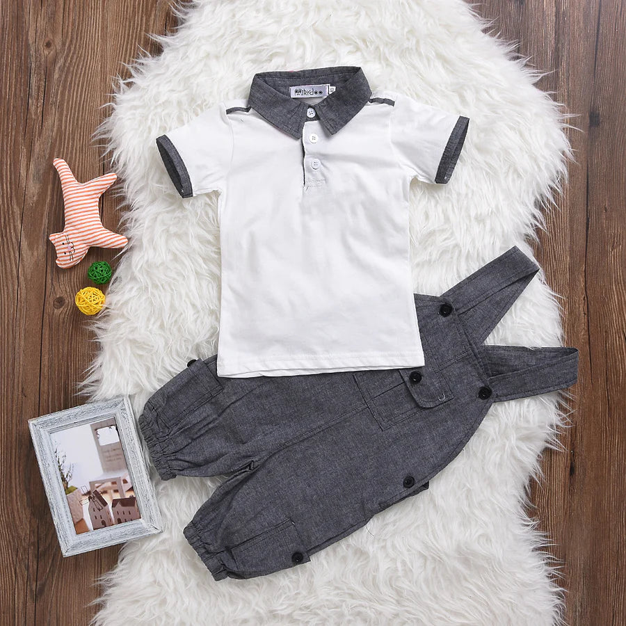 Baby Boys Solid Polo Collar Shirt and Overalls