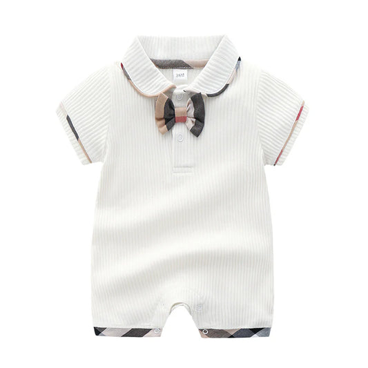 Baby Boys Solid Vertical Plaid Splicing Bow Tie Short Sleeve Summer Jumpsuit