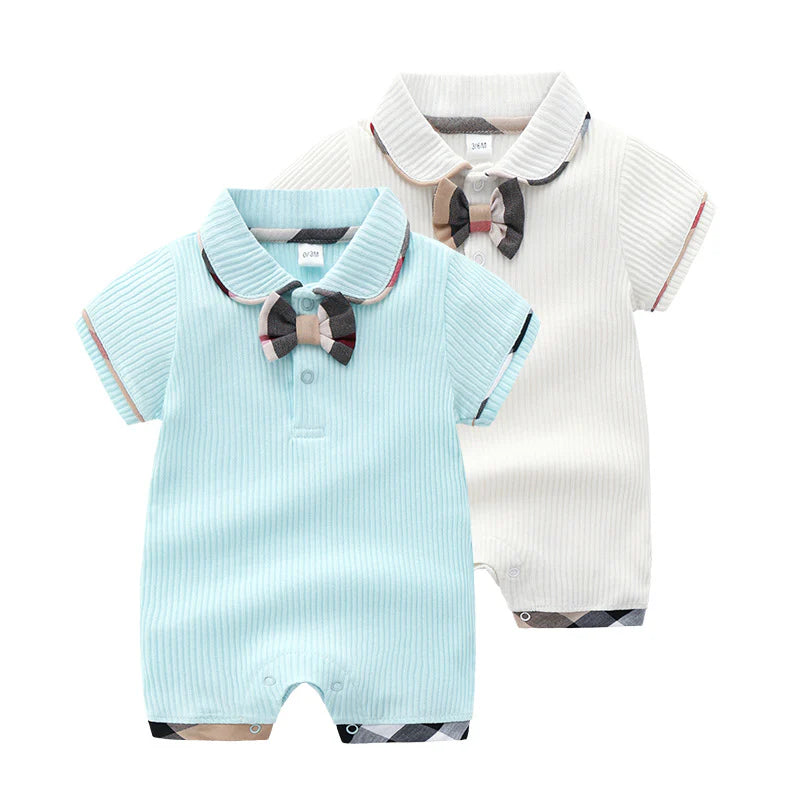 Baby Boys Solid Vertical Plaid Splicing Bow Tie Short Sleeve Summer Jumpsuit