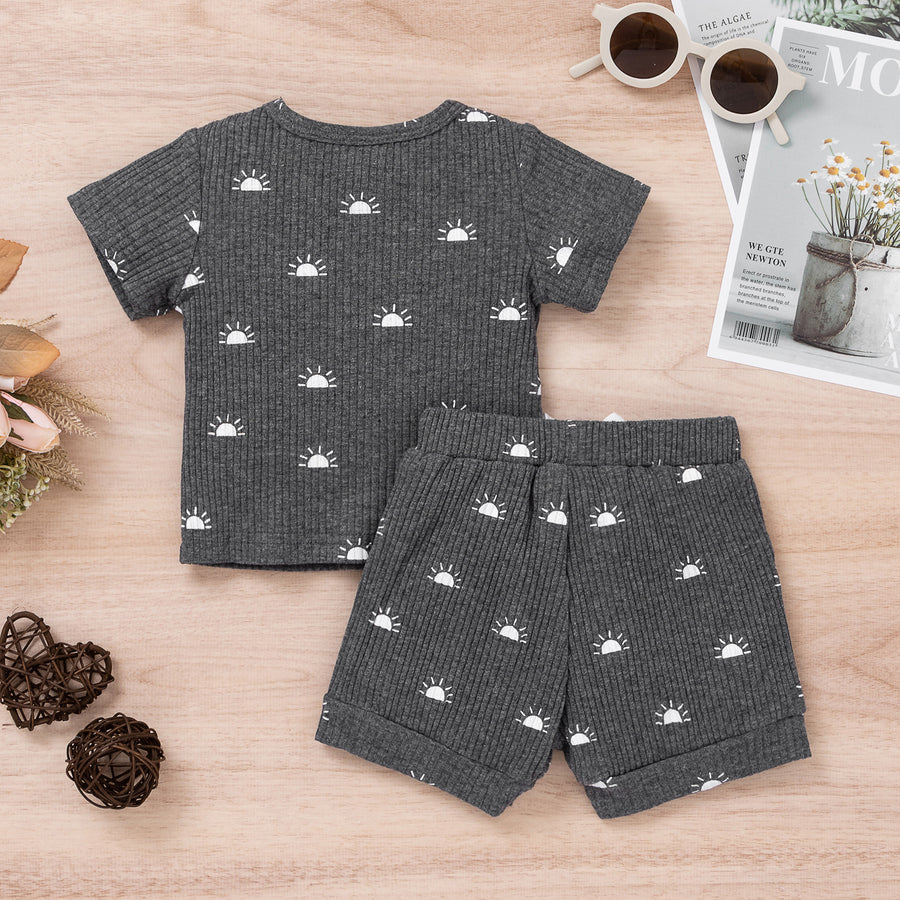 Baby Boys Solid Color Sun Printed Round Neck Shirt and Shorts