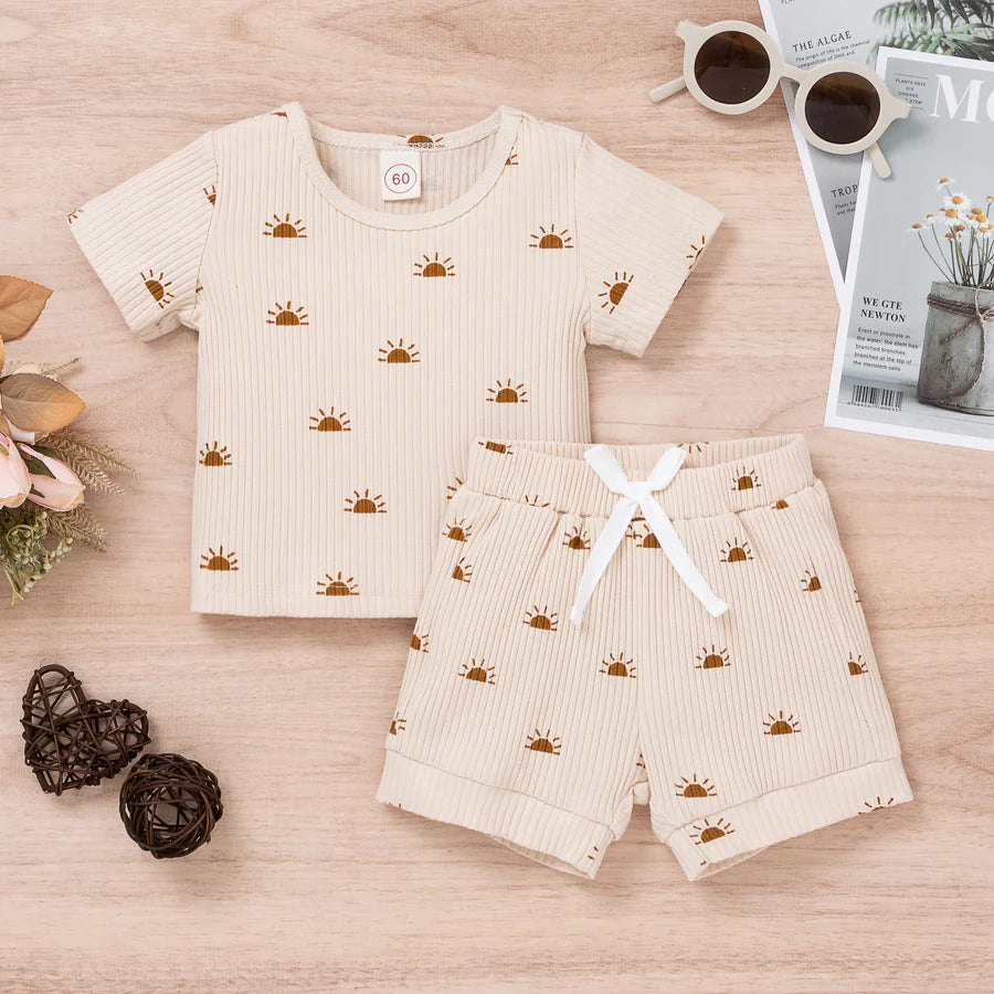 Baby Boys Solid Color Sun Printed Round Neck Shirt and Shorts