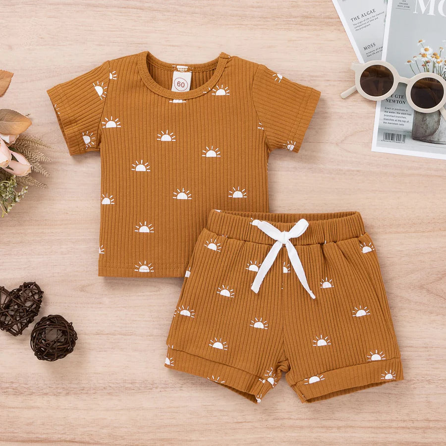 Baby Boys Solid Color Sun Printed Round Neck Shirt and Shorts