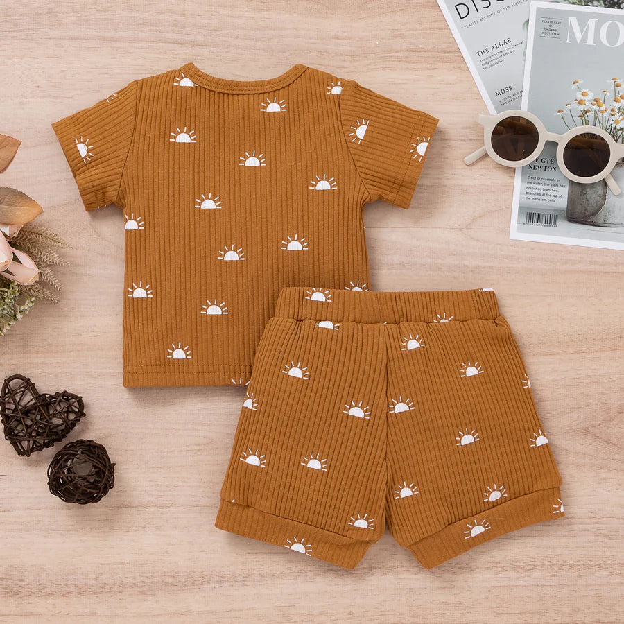 Baby Boys Solid Color Sun Printed Round Neck Shirt and Shorts