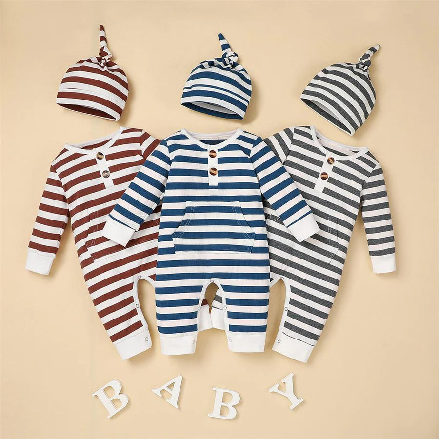 Baby Boys Striped Long Sleeve Romper and Hat