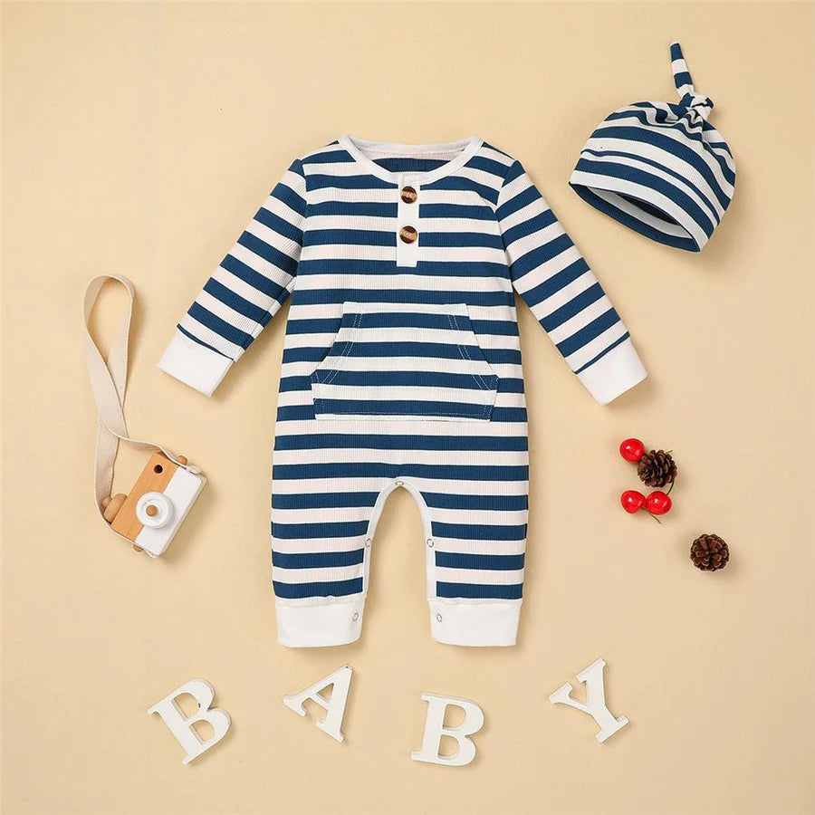 Baby Boys Striped Long Sleeve Romper and Hat