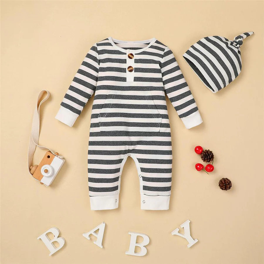 Baby Boys Striped Long Sleeve Romper and Hat