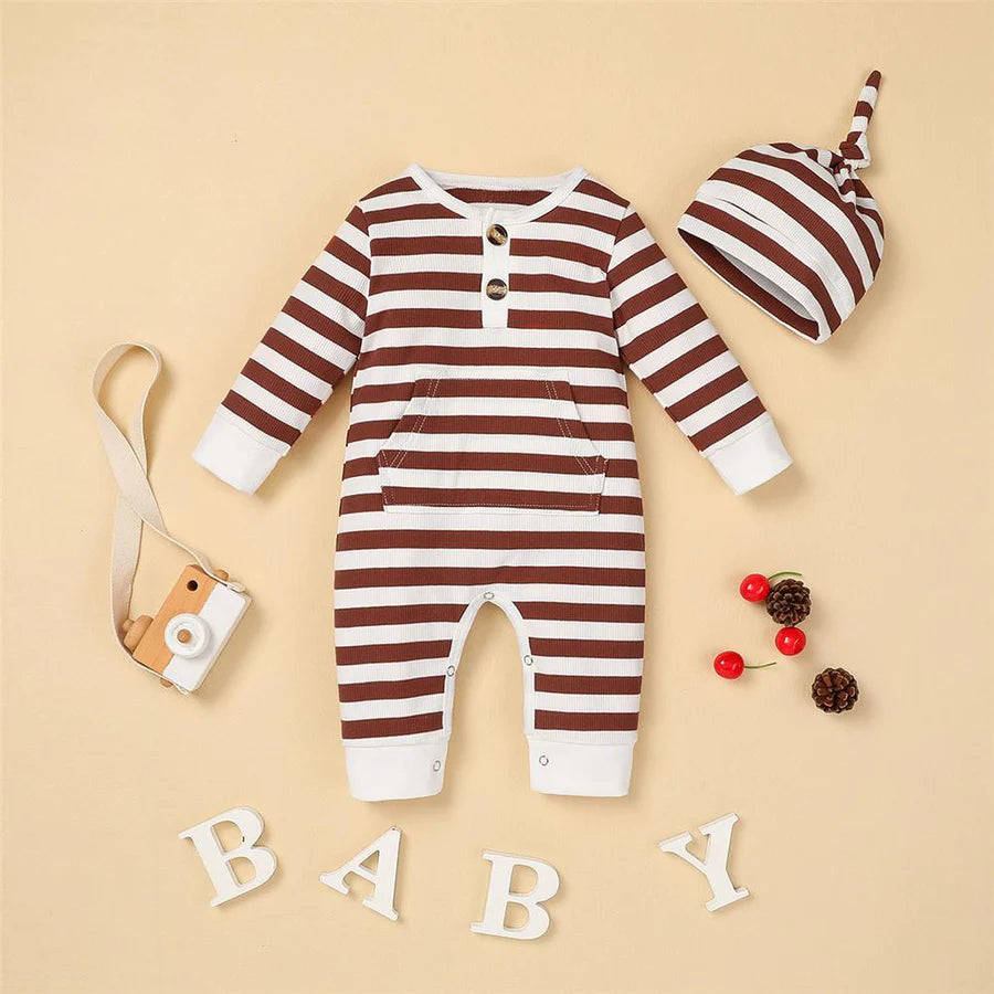 Baby Boys Striped Long Sleeve Romper and Hat