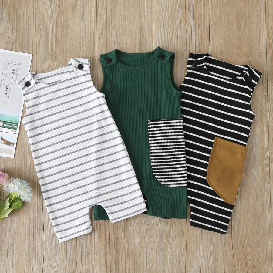 Baby Boys Striped Sleeveless Pocket Romper